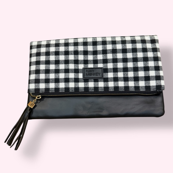 Funky Monkey Handbags - Funky Monkey Black White Gingham Clutch Wristlet Tassel Zip Faux Leather Bag